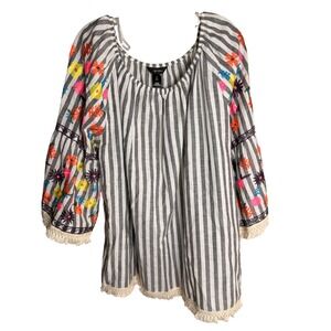 Ali Miles Gray & White Striped Boho Peasant Blouse with Colorful Floral Sleeves